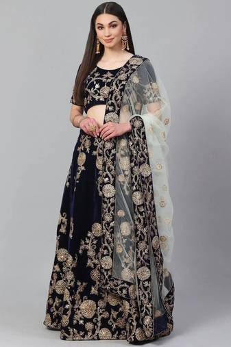 Navy Blue & Golden Semi-Stitched Lehenga with Unstitched Choli
