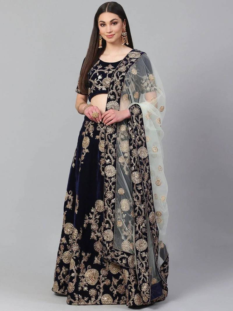 Navy Blue & Golden Semi-Stitched Lehenga with Unstitched Choli