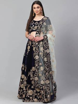 Navy Blue & Golden Semi-Stitched Lehenga with Unstitched Choli 1