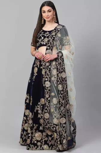 Navy Blue & Golden Semi-Stitched Lehenga with Unstitched Choli