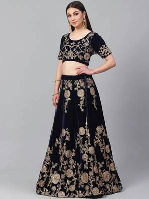 Navy Blue & Golden Semi-Stitched Lehenga with Unstitched Choli 2