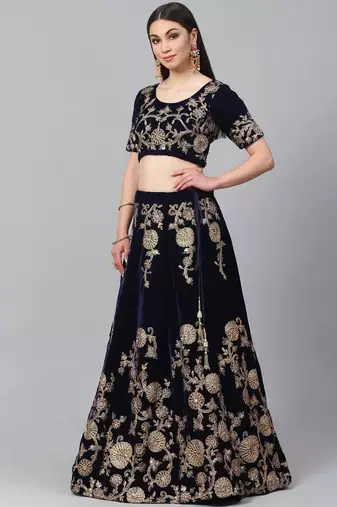 Navy Blue & Golden Semi-Stitched Lehenga with Unstitched Choli