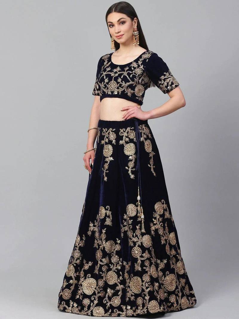 Navy Blue & Golden Semi-Stitched Lehenga with Unstitched Choli
