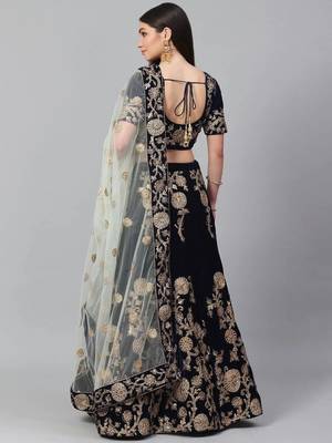 Navy Blue & Golden Semi-Stitched Lehenga with Unstitched Choli 3