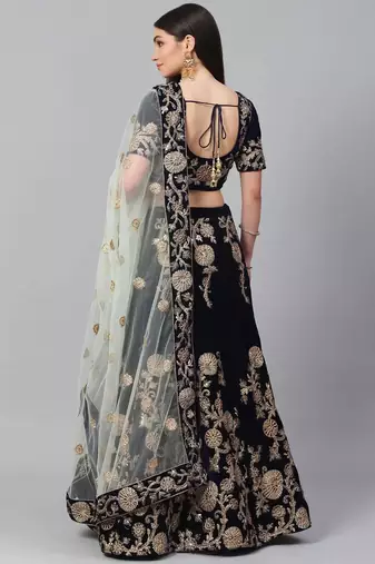 Navy Blue & Golden Semi-Stitched Lehenga with Unstitched Choli
