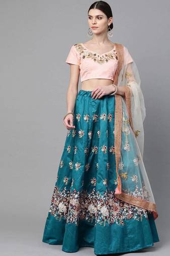 Turquoise Blue & Peach-Coloured Embroidered Semi-Stitched Lehenga & Unstitched Blouse with Dupatta
