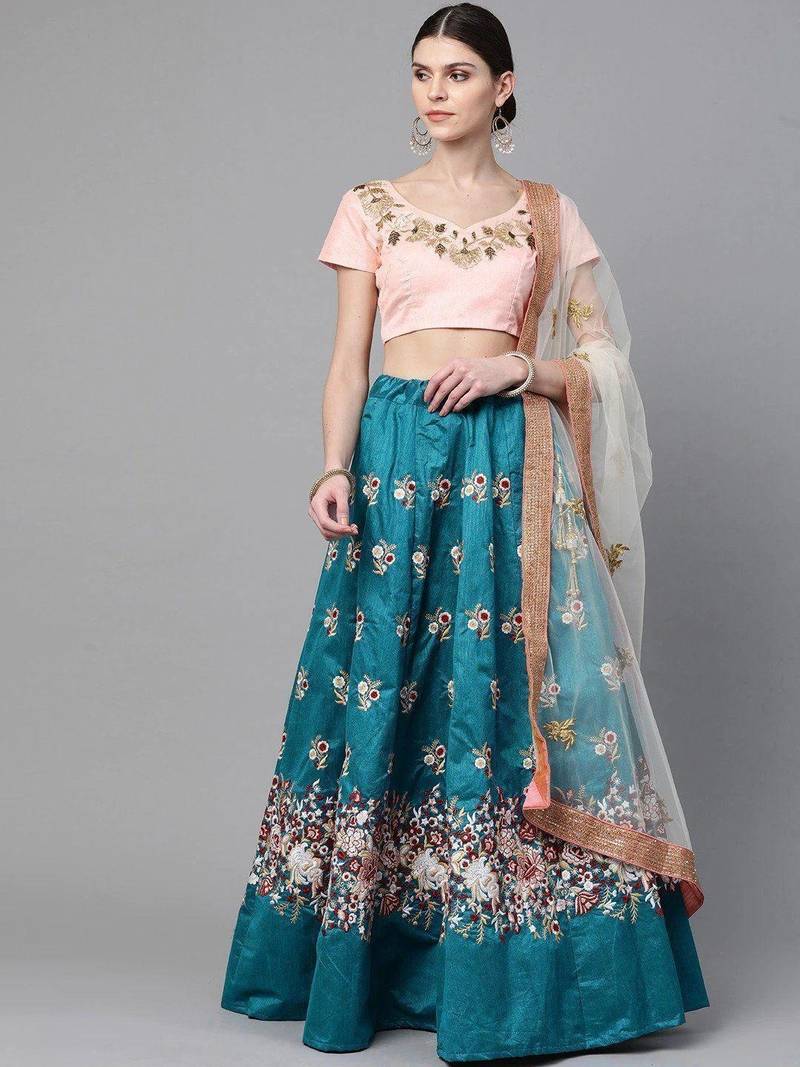Turquoise Blue & Peach-Coloured Embroidered Semi-Stitched Lehenga & Unstitched Blouse with Dupatta