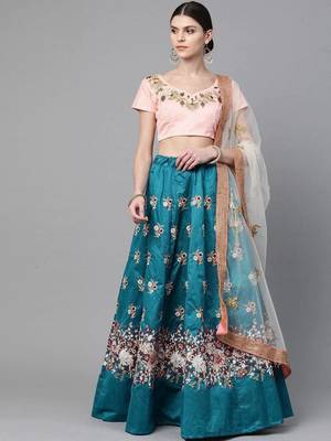 Turquoise Blue & Peach-Coloured Embroidered Semi-Stitched Lehenga & Unstitched Blouse with Dupatta 1