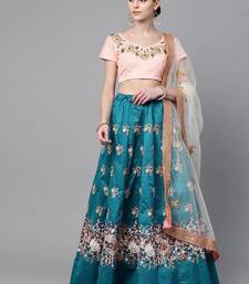 Turquoise Blue & Peach-Coloured Embroidered Semi-Stitched Lehenga & Unstitched Blouse with Dupatta