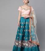 Turquoise Blue & Peach-Coloured Embroidered Semi-Stitched Lehenga & Unstitched Blouse with Dupatta
