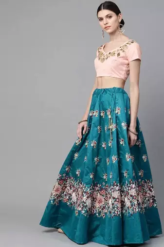 Turquoise Blue & Peach-Coloured Embroidered Semi-Stitched Lehenga & Unstitched Blouse with Dupatta