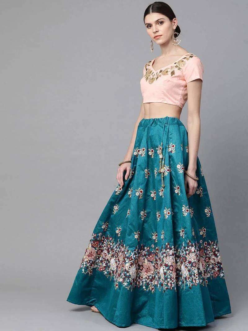 Turquoise Blue & Peach-Coloured Embroidered Semi-Stitched Lehenga & Unstitched Blouse with Dupatta