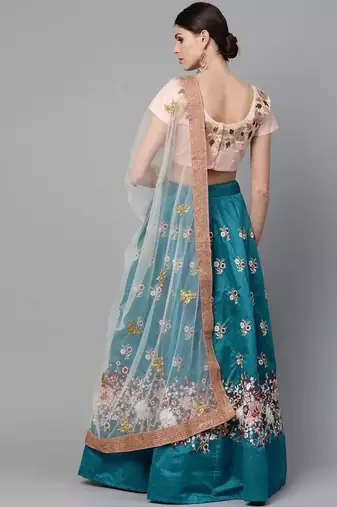 Turquoise Blue & Peach-Coloured Embroidered Semi-Stitched Lehenga & Unstitched Blouse with Dupatta