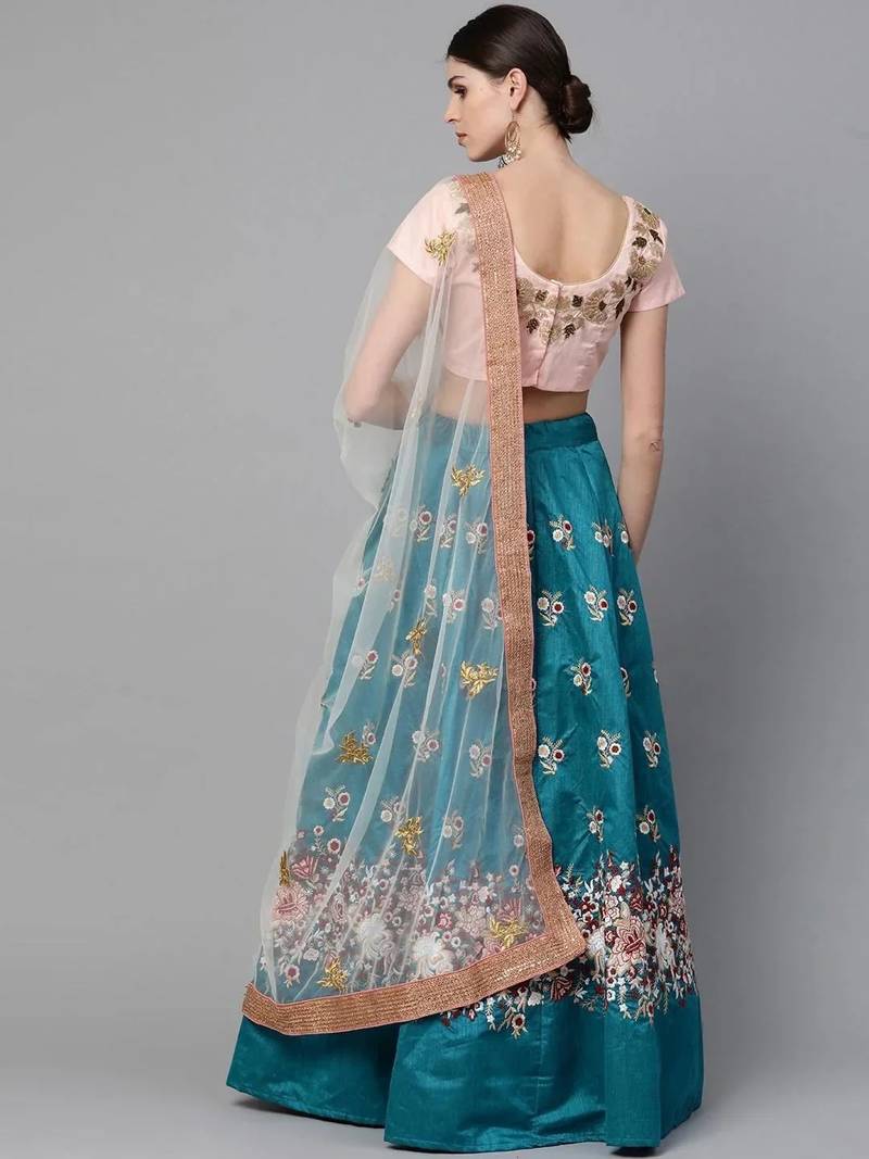 Turquoise Blue & Peach-Coloured Embroidered Semi-Stitched Lehenga & Unstitched Blouse with Dupatta