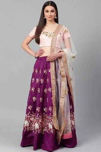 Purple & Peach-Coloured Semi-Stitched Lehenga with Unstiched Choli