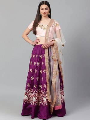 Purple & Peach-Coloured Semi-Stitched Lehenga with Unstiched Choli 1
