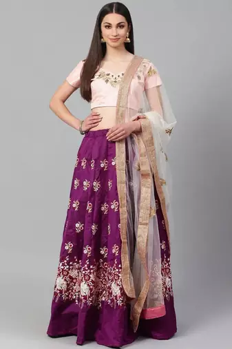 Purple & Peach-Coloured Semi-Stitched Lehenga with Unstiched Choli