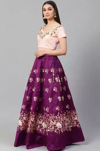 Purple & Peach-Coloured Semi-Stitched Lehenga with Unstiched Choli