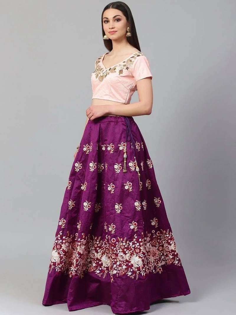 Purple & Peach-Coloured Semi-Stitched Lehenga with Unstiched Choli