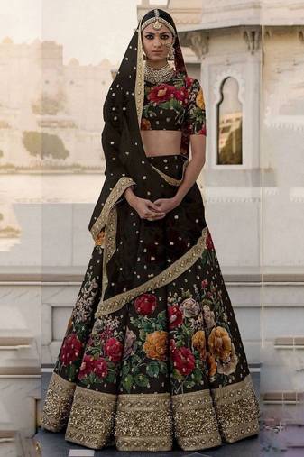 Black Floral Digital Printed Art Silk Bridal Lehenga Choli