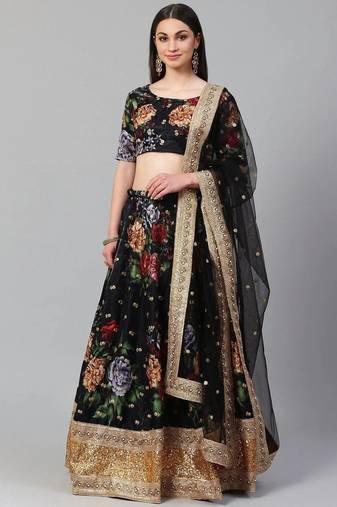Black & Grey Printed Semi-Stitched Lehenga & Unstitched Blouse with Dupatta