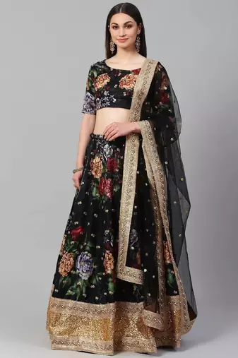 Black & Grey Printed Semi-Stitched Lehenga & Unstitched Blouse with Dupatta