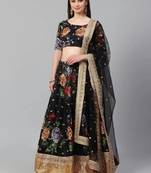 Black & Grey Printed Semi-Stitched Lehenga & Unstitched Blouse with Dupatta