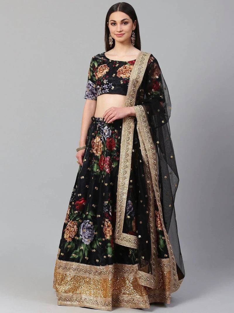 Black & Grey Printed Semi-Stitched Lehenga & Unstitched Blouse with Dupatta