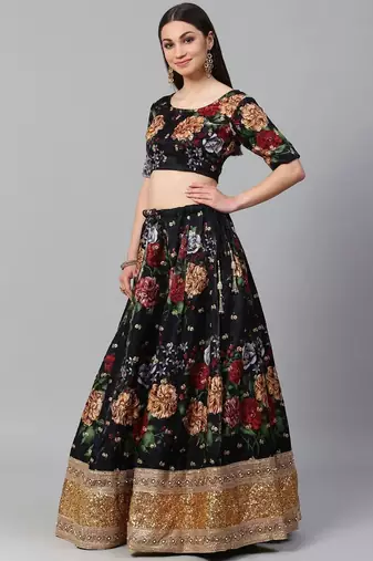 Black & Grey Printed Semi-Stitched Lehenga & Unstitched Blouse with Dupatta