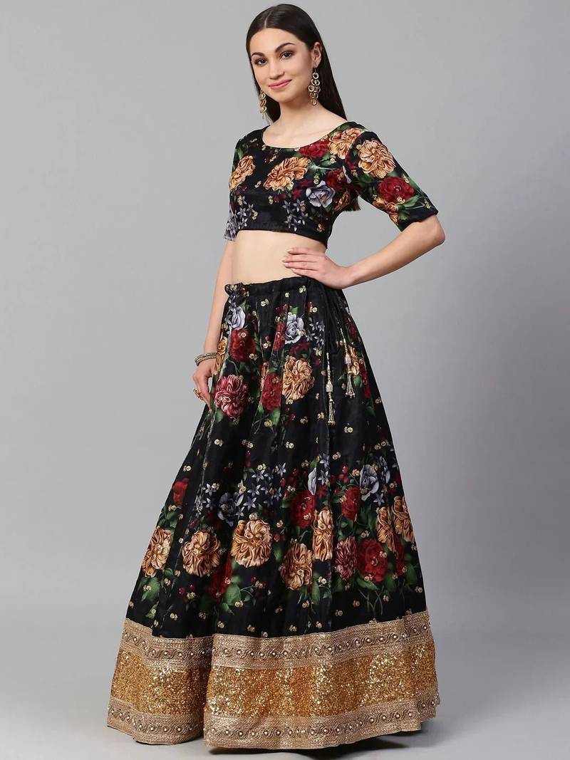 Black & Grey Printed Semi-Stitched Lehenga & Unstitched Blouse with Dupatta