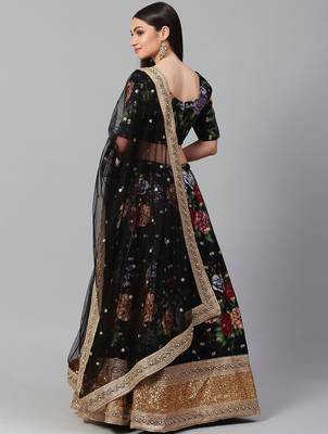 Black & Grey Printed Semi-Stitched Lehenga & Unstitched Blouse with Dupatta 3