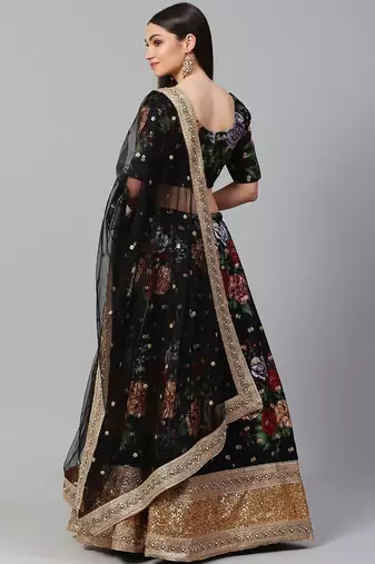 Black & Grey Printed Semi-Stitched Lehenga & Unstitched Blouse with Dupatta