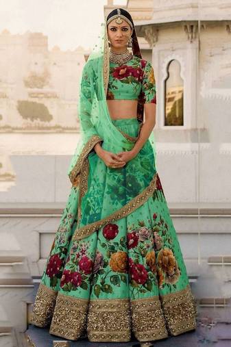 Green Floral Digital Printed Art Silk Bridal Lehenga Choli