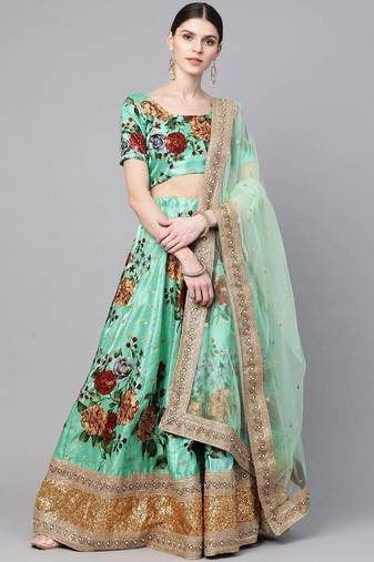 Green Floral Semi-Stitched Lehenga & Unstitched Blouse with Dupatta