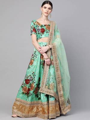 Green Floral Semi-Stitched Lehenga & Unstitched Blouse with Dupatta 1