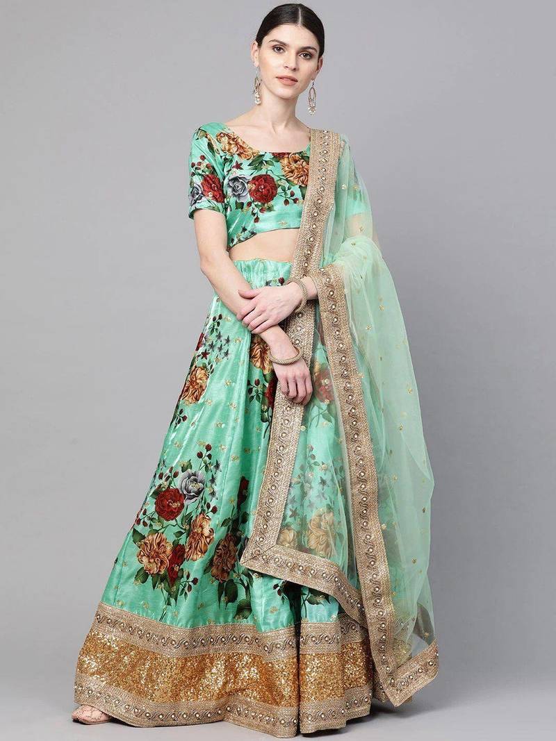 Green Floral Semi-Stitched Lehenga & Unstitched Blouse with Dupatta