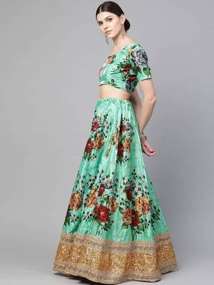 Green Floral Semi-Stitched Lehenga & Unstitched Blouse with Dupatta 2