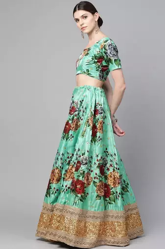 Green Floral Semi-Stitched Lehenga & Unstitched Blouse with Dupatta