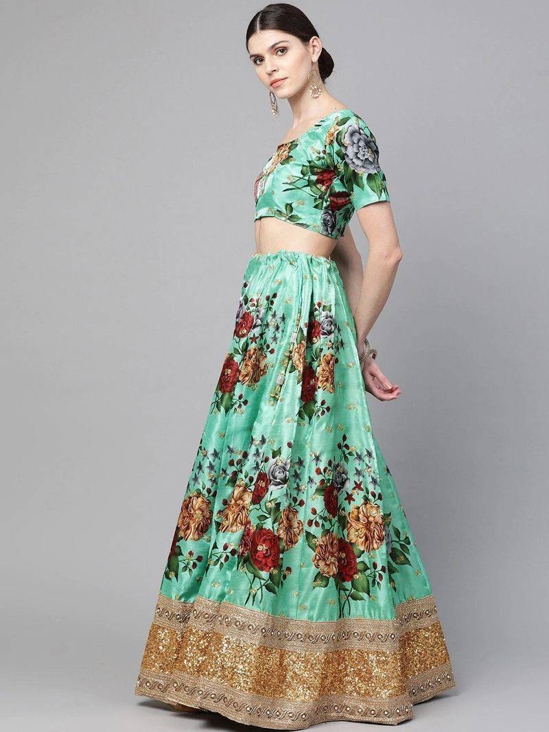 Green Floral Semi-Stitched Lehenga & Unstitched Blouse with Dupatta