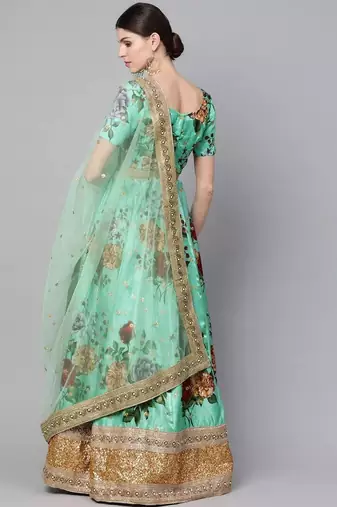 Green Floral Semi-Stitched Lehenga & Unstitched Blouse with Dupatta