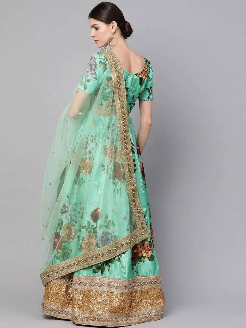 Green Floral Semi-Stitched Lehenga & Unstitched Blouse with Dupatta