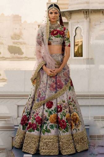 Gray Floral Digital Printed Art Silk Bridal Lehenga Choli