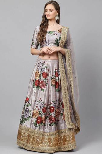 Grey & Red Printed Semi-Stitched Lehenga & Unstitched Blouse with Dupatta