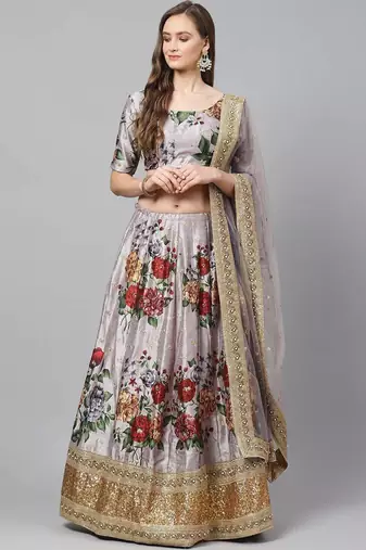 Grey & Red Printed Semi-Stitched Lehenga & Unstitched Blouse with Dupatta