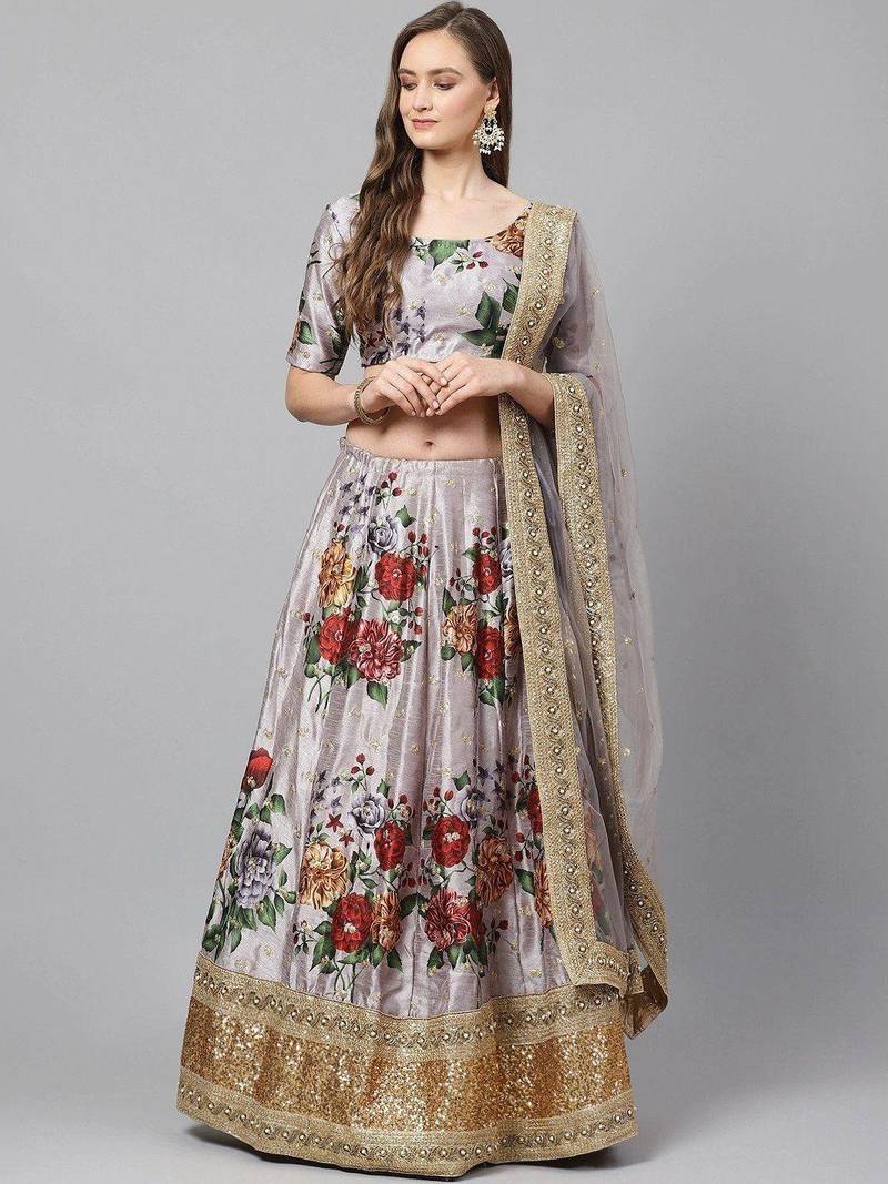 Grey & Red Printed Semi-Stitched Lehenga & Unstitched Blouse with Dupatta