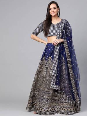 Navy Blue Embroidered Semi-Stitched Myntra Lehenga & Unstitched Blouse with Dupatta 1