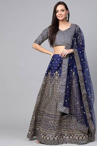 Navy Blue Embroidered Semi-Stitched Myntra Lehenga & Unstitched Blouse with Dupatta