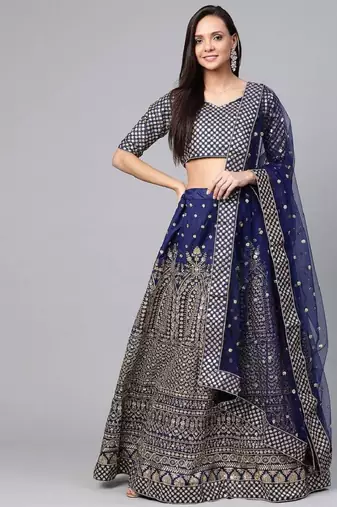 Navy Blue Embroidered Semi-Stitched Myntra Lehenga & Unstitched Blouse with Dupatta