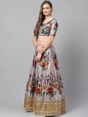 Grey & Red Printed Semi-Stitched Lehenga & Unstitched Blouse with Dupatta 2