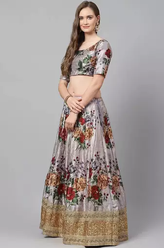 Grey & Red Printed Semi-Stitched Lehenga & Unstitched Blouse with Dupatta